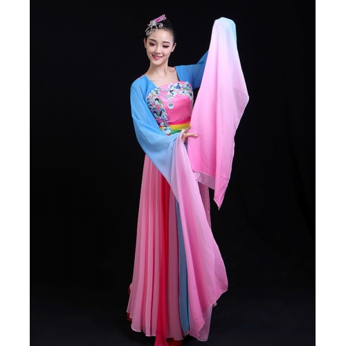 Women's Chinese folk dance costumes pink blue water sleeves hanfu fairy classical dance yangko umbrella dance cosplay dresses 